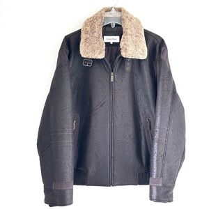 Vintage Calvin Klein Men's Brown Aviation Bomber Jacket with Shearling Collar